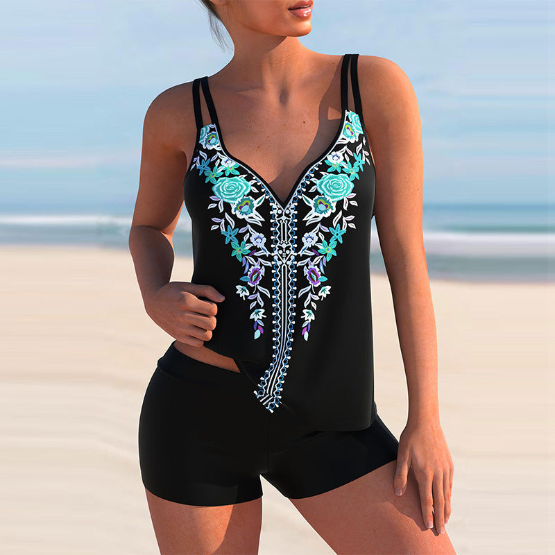 Plus Size Women's Boy Short Brocade Printed Swimwear