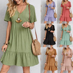 Summer European and American Plus Size Women's Skirts Loose Casual Short Sleeve Belted Elegant Large Size Dress