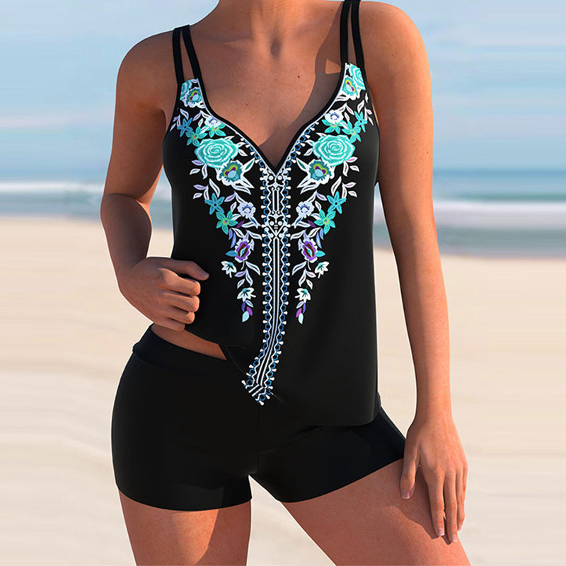 Plus Size Women's Boy Short Brocade Printed Swimwear