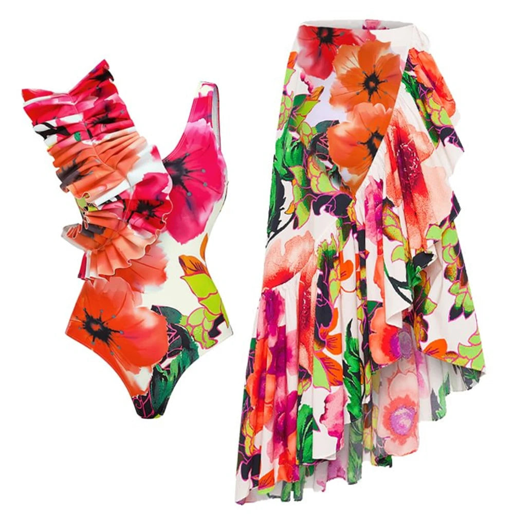 One Piece Bold Floral Swimsuit With Matching Sarong