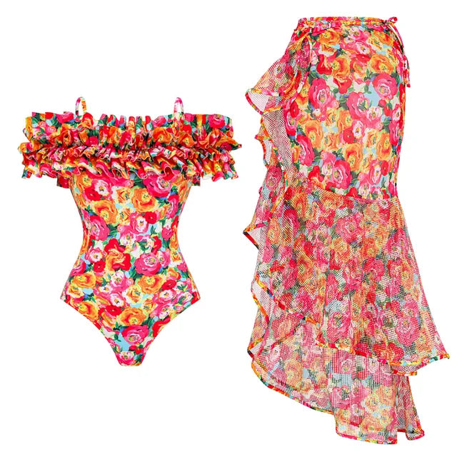 Vintage Off Shoulder Printed Onepiece Swimsuit With Matching Sarong