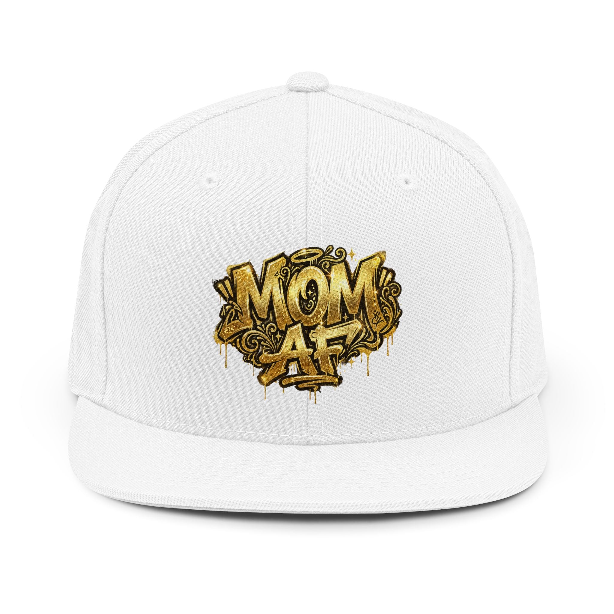 Mom AF Snapback Hat — Gold Graffiti Embroidered Cap for Cool Moms