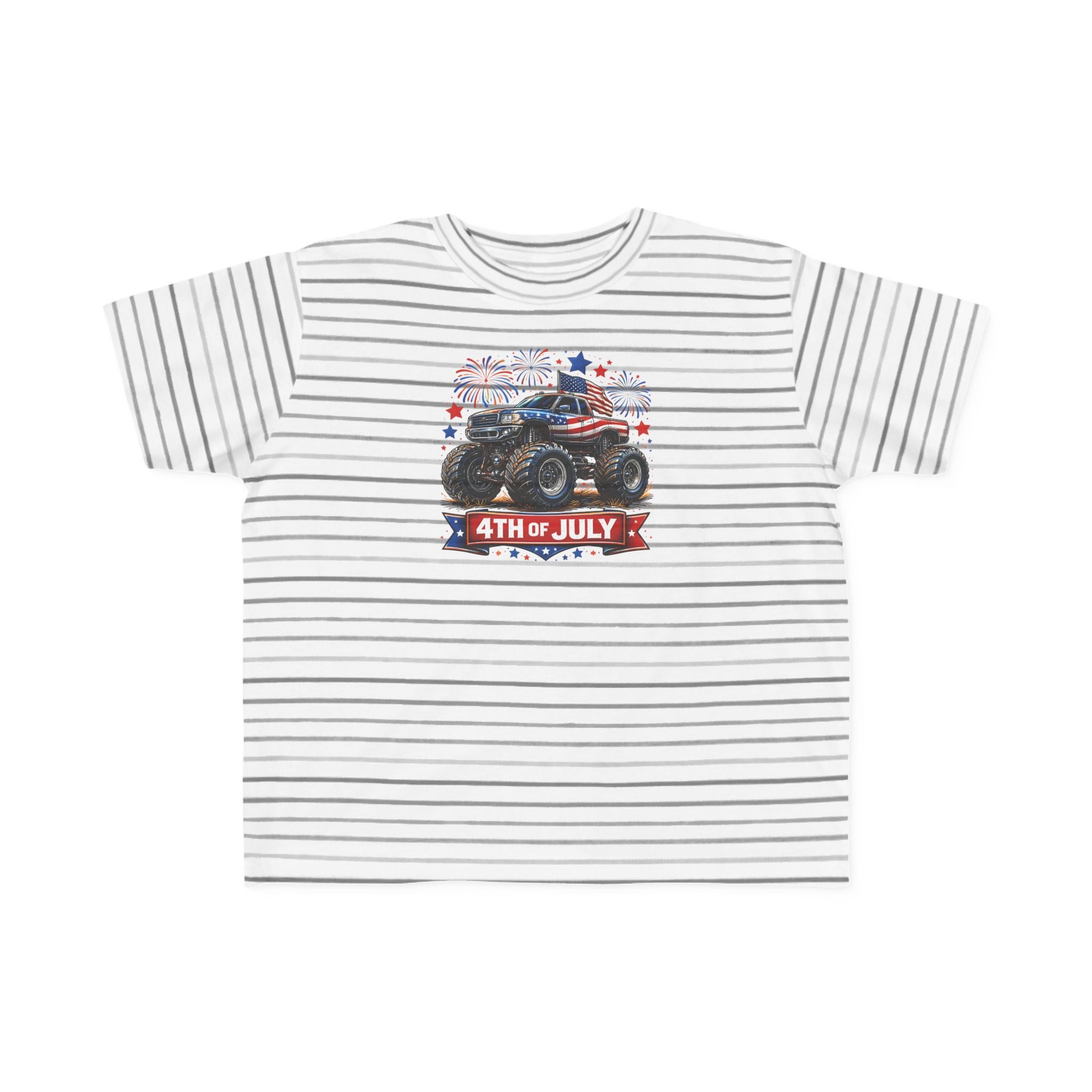 4th of July Monster Truck Toddler Tee — Patriotic Fireworks Kids Shirt