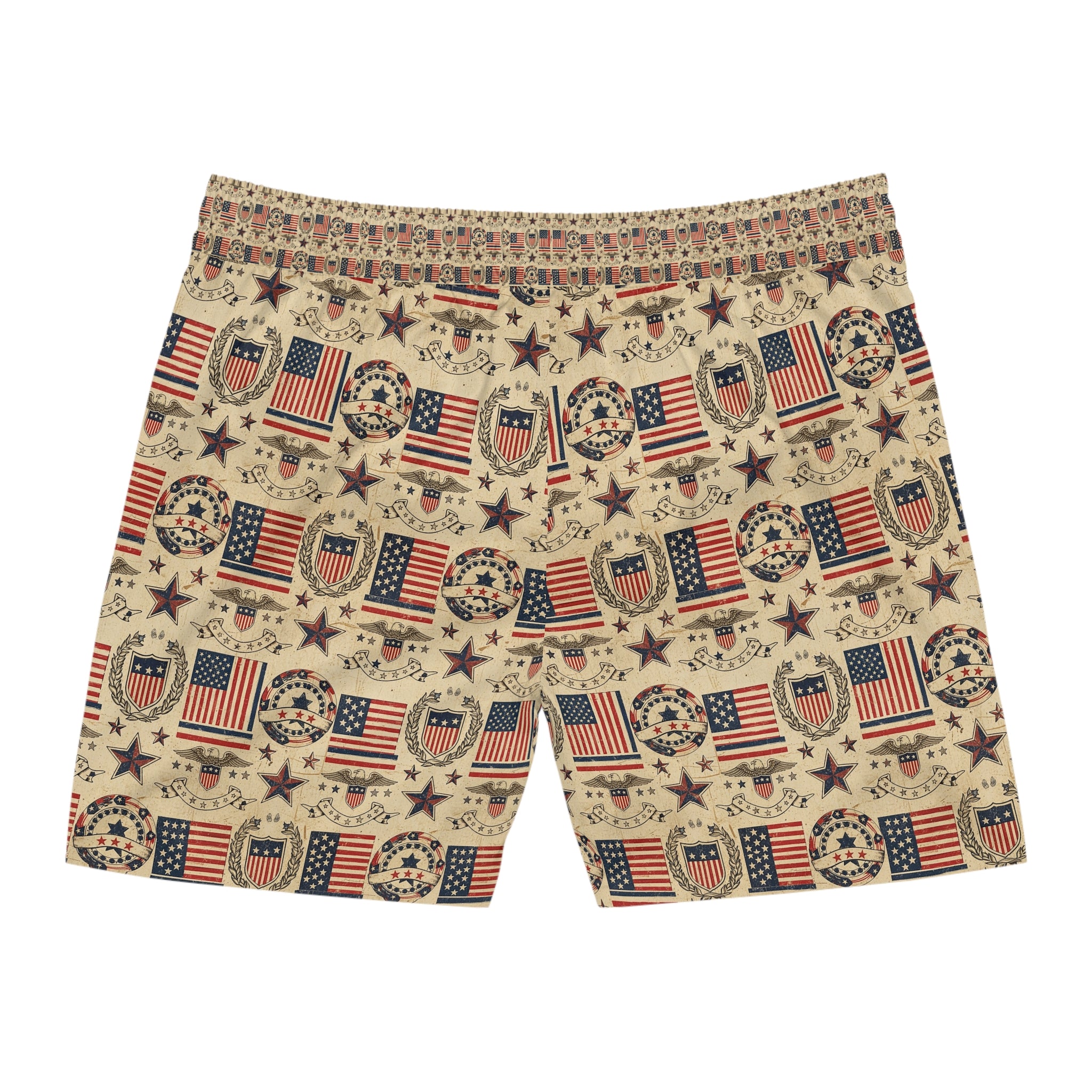 Patriotic Vintage Flag Swim Trunks — Men's Mid-Length American Beach Shorts