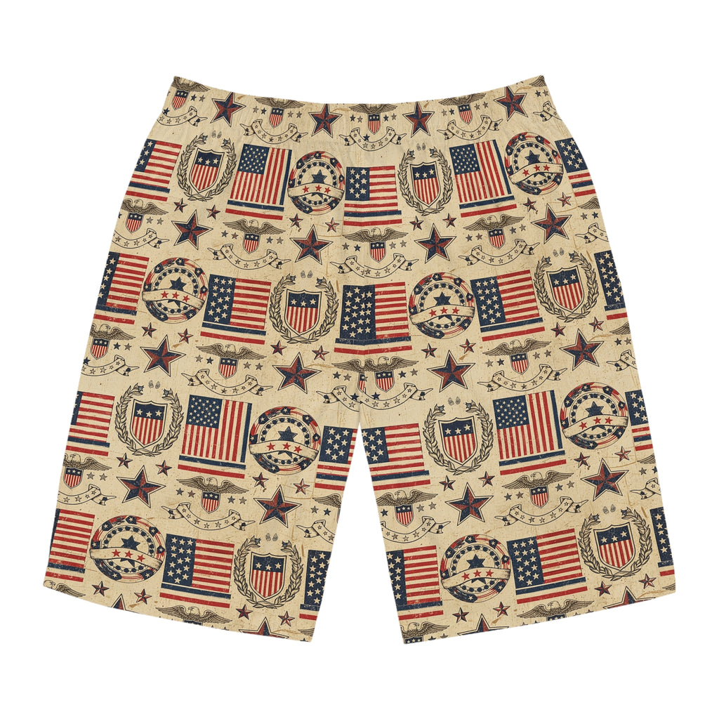 Patriotic Vintage Flag Men's Board Shorts — American Stars & Stripes Swim Trunks