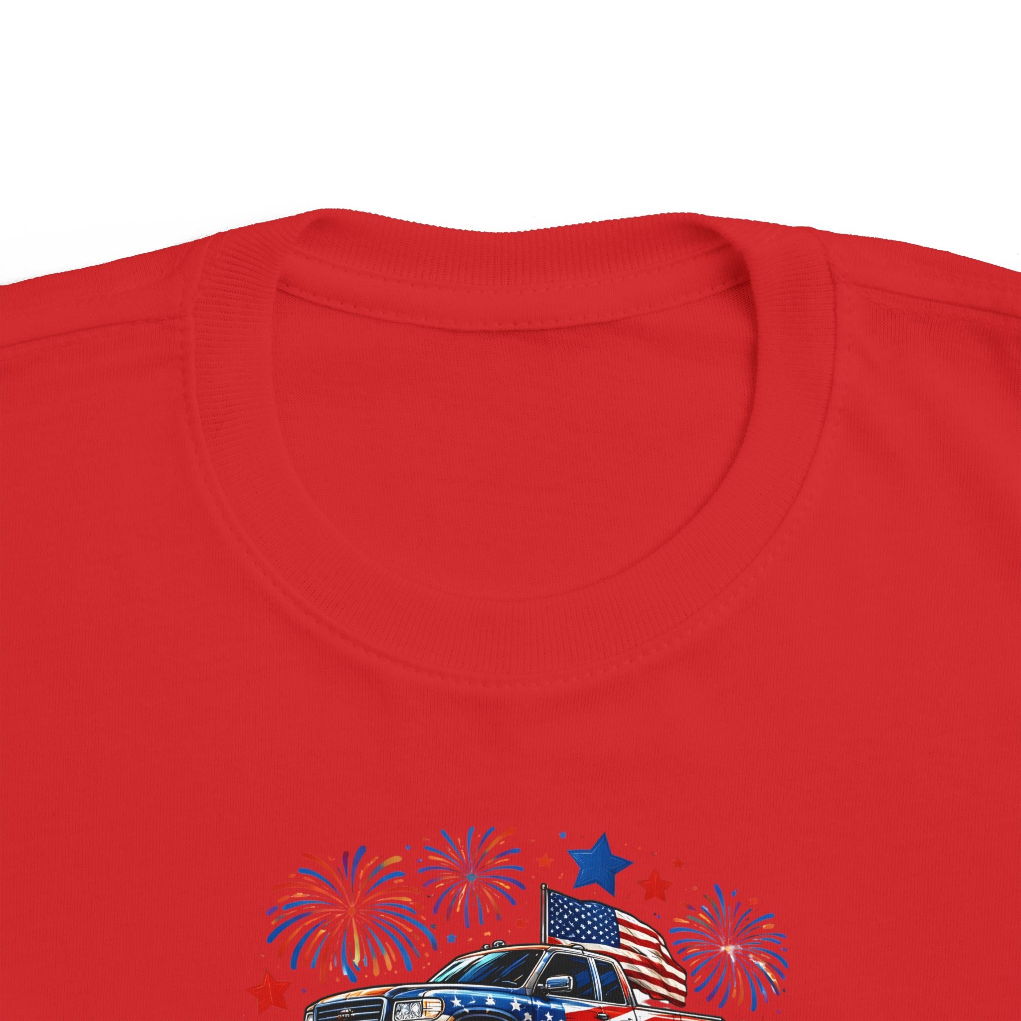 4th of July Monster Truck Toddler Tee — Patriotic Fireworks Kids Shirt