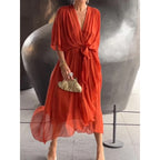 Plus Size Solid Color Tie-Waist Long Dress with Batwing Sleeves and Asymmetrical Hem