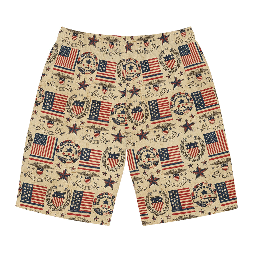 Patriotic Vintage Flag Men's Board Shorts — American Stars & Stripes Swim Trunks