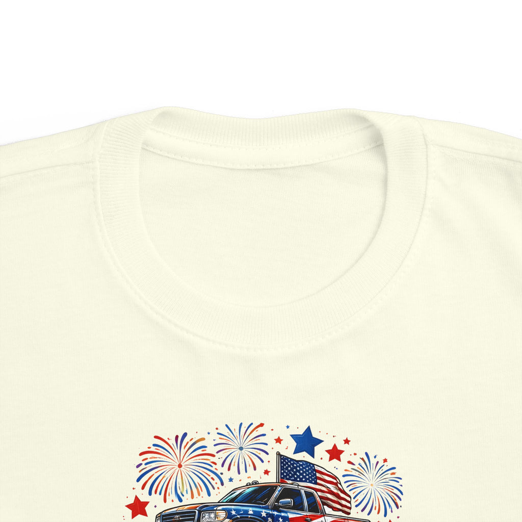 4th of July Monster Truck Toddler Tee — Patriotic Fireworks Kids Shirt