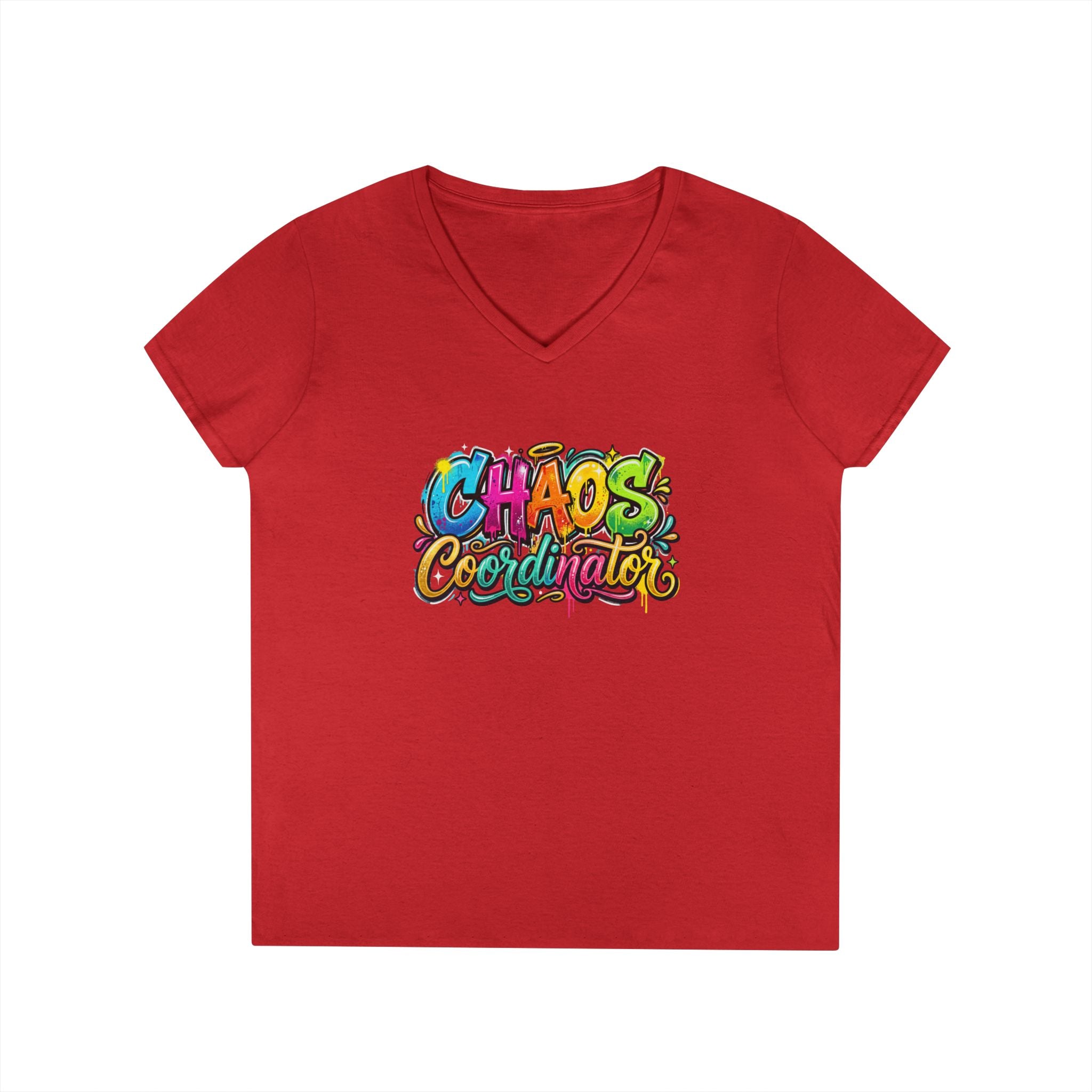 Chaos Coordinator V-Neck T-Shirt — Colorful Graphic Tee for Moms & Teachers