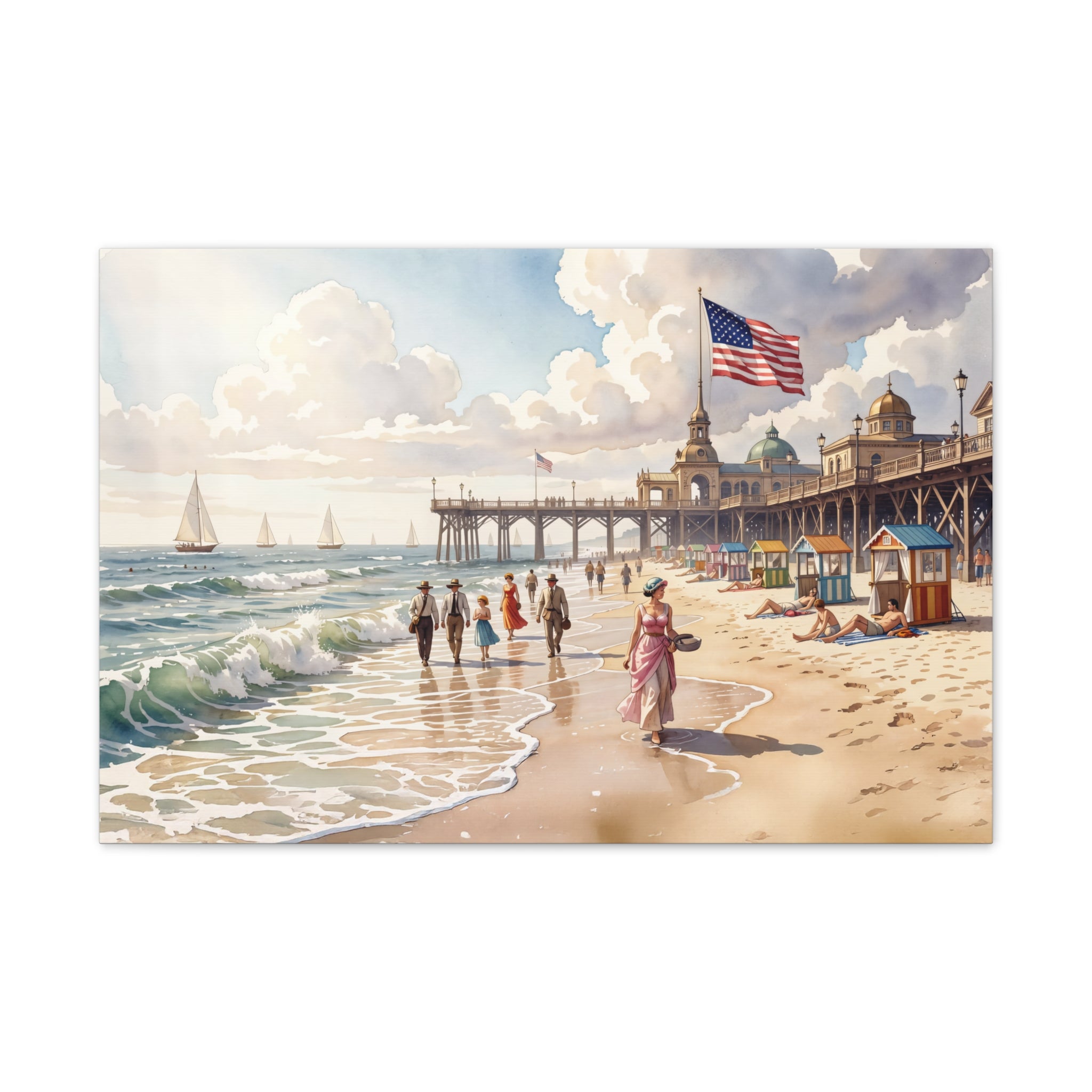 Beach Pier Canvas Print – Vintage 1906 Seaside Scene with American Flag