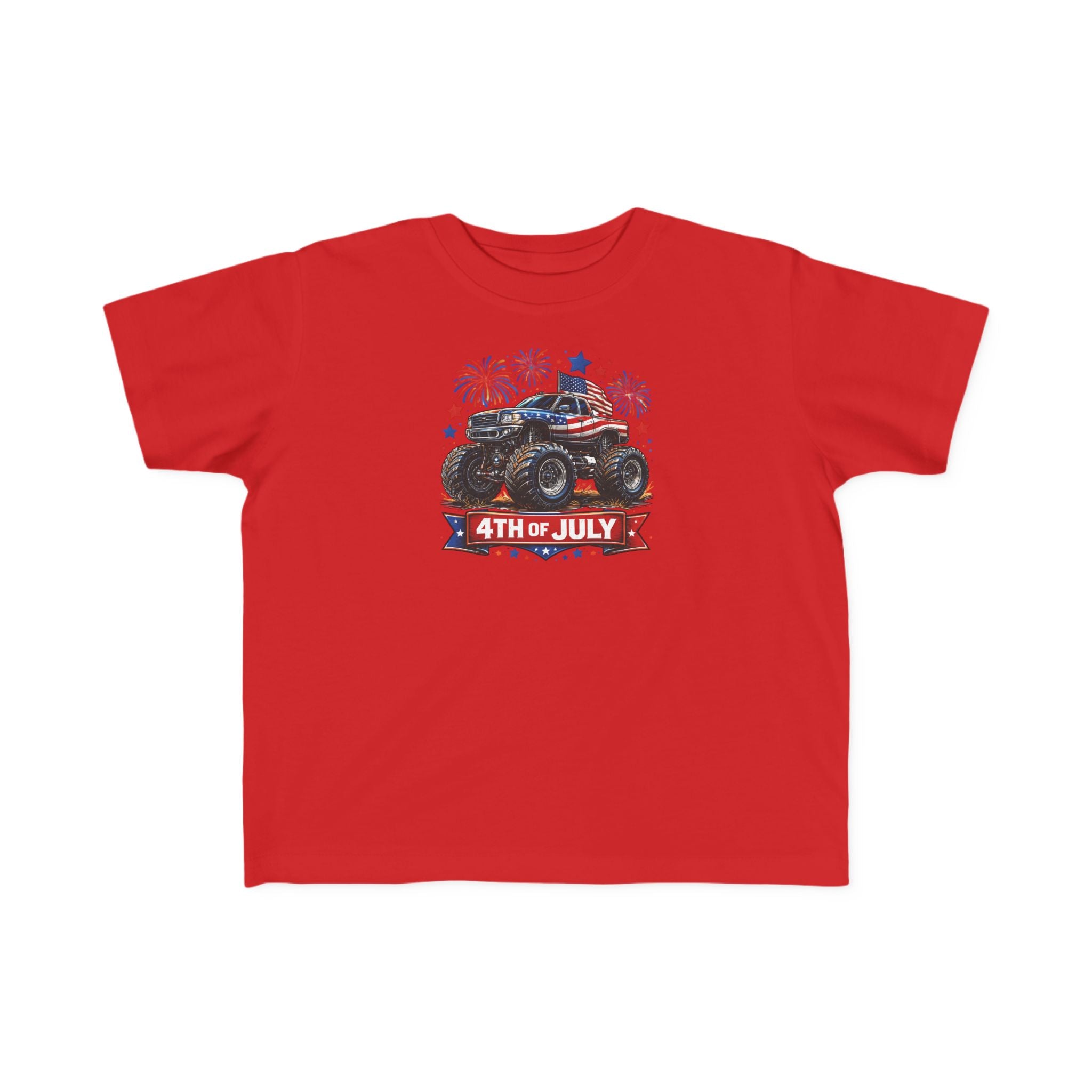4th of July Monster Truck Toddler Tee — Patriotic Fireworks Kids Shirt