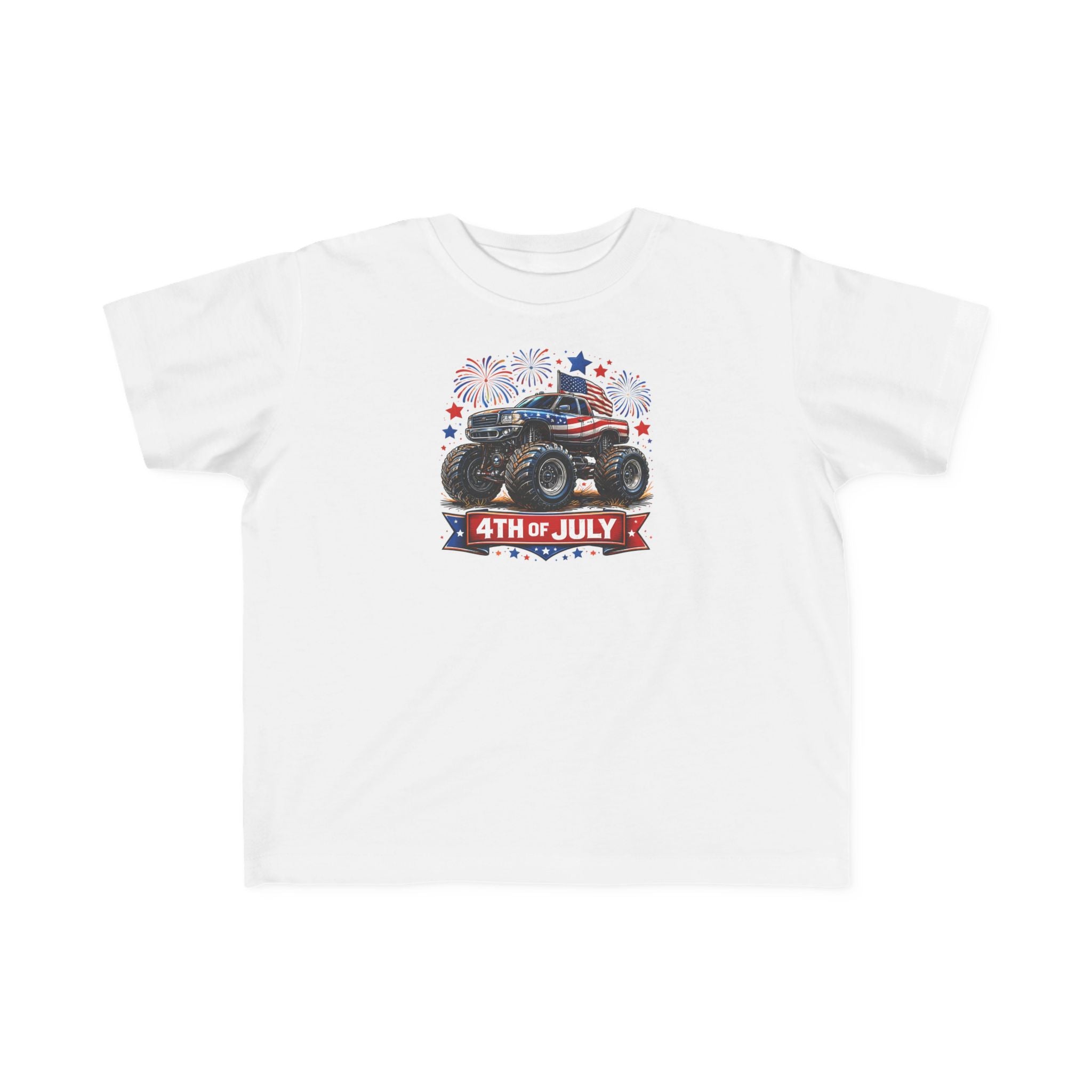 4th of July Monster Truck Toddler Tee — Patriotic Fireworks Kids Shirt