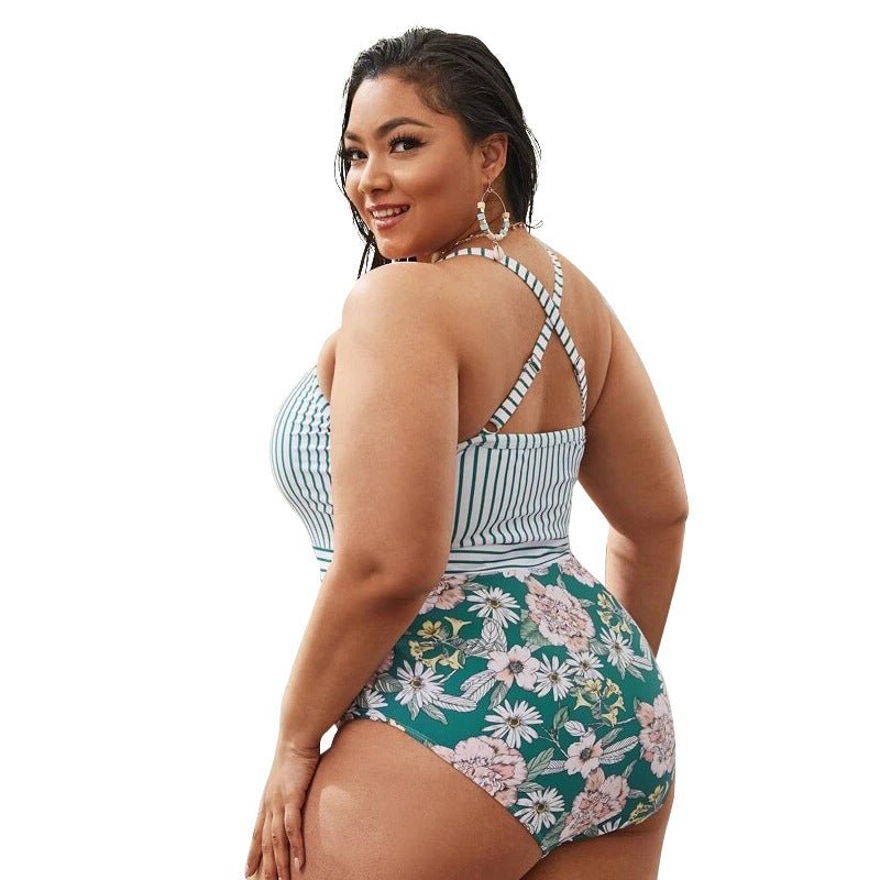 Plus Size Bikini Print Striped Swimwear