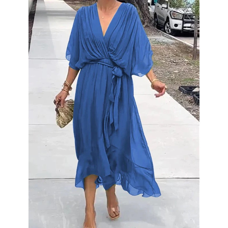 Plus Size Solid Color Tie-Waist Long Dress with Batwing Sleeves and Asymmetrical Hem