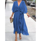 Plus Size Solid Color Tie-Waist Long Dress with Batwing Sleeves and Asymmetrical Hem