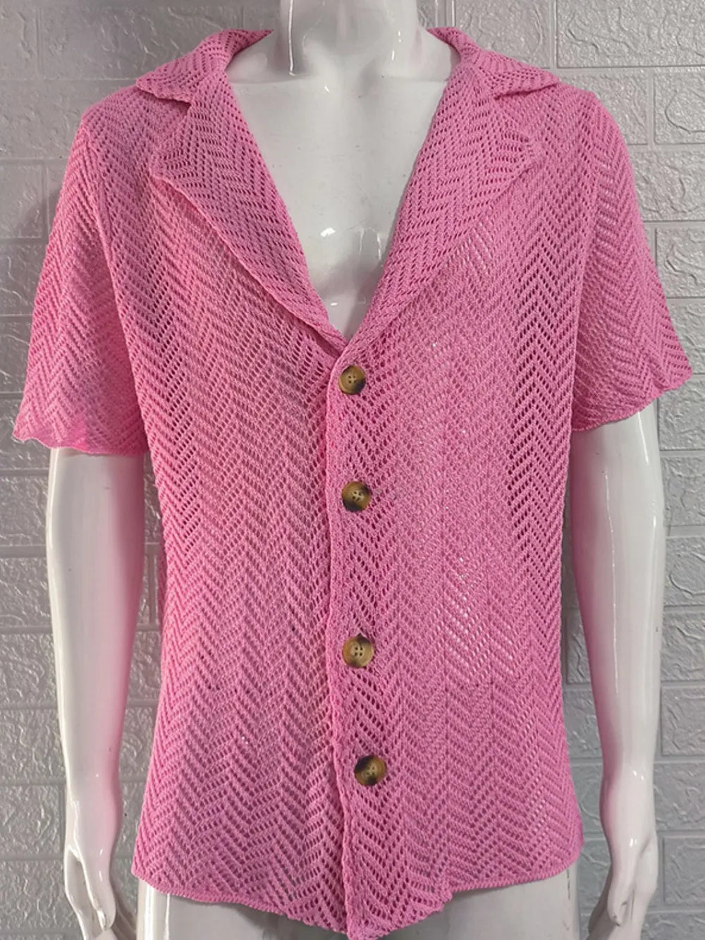 Men's Plus Size Herringbone Eyelet Button Down Knit Shirt