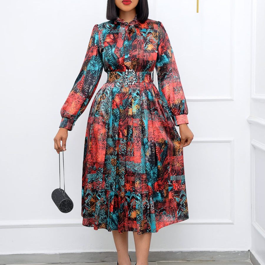 Long Sleeve High Waist Printed Plus Size Banquet Dress with Belt