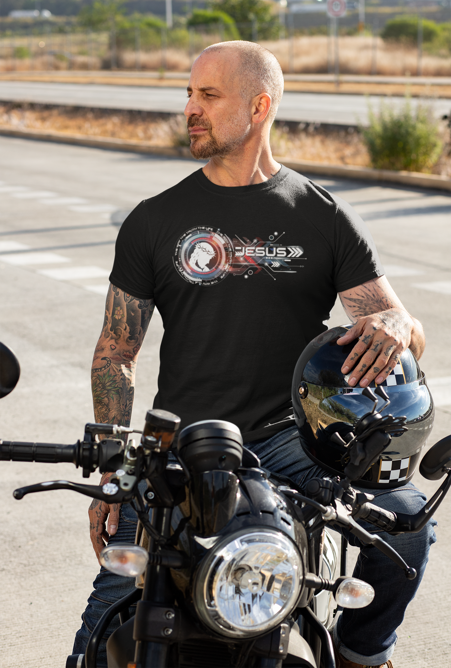 Mens Jesus Space Logo Original Art Tee — Retro Sci‑Fi Christian Graphic T‑Shirt