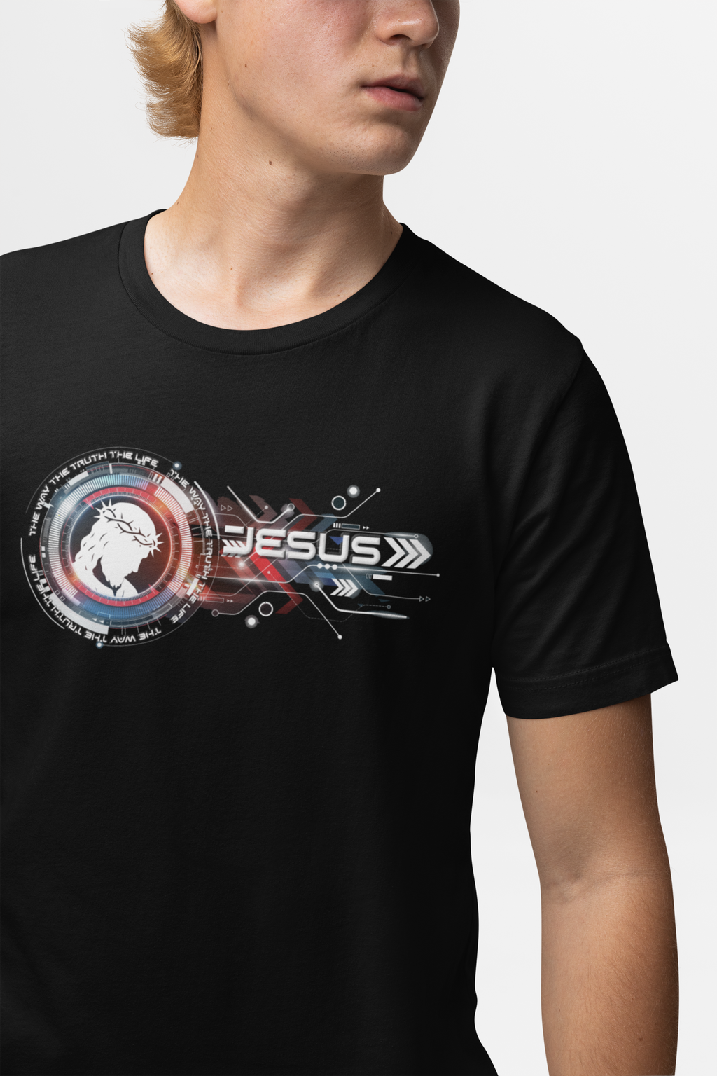 Mens Jesus Space Logo Original Art Tee — Retro Sci‑Fi Christian Graphic T‑Shirt