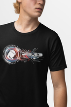 Mens Jesus Space Logo Original Art Tee — Retro Sci‑Fi Christian Graphic T‑Shirt