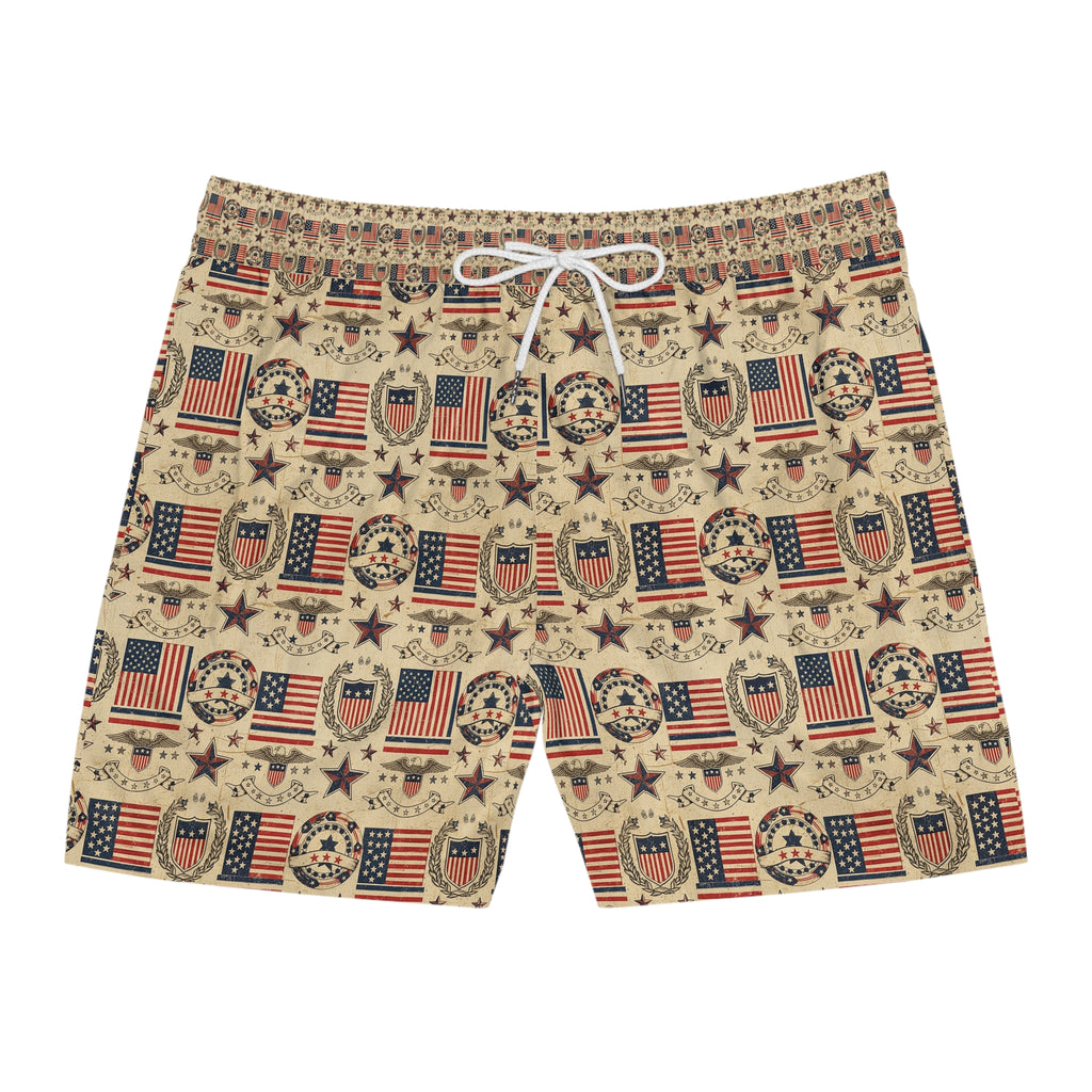 Patriotic Vintage Flag Swim Trunks — Men's Mid-Length American Beach Shorts