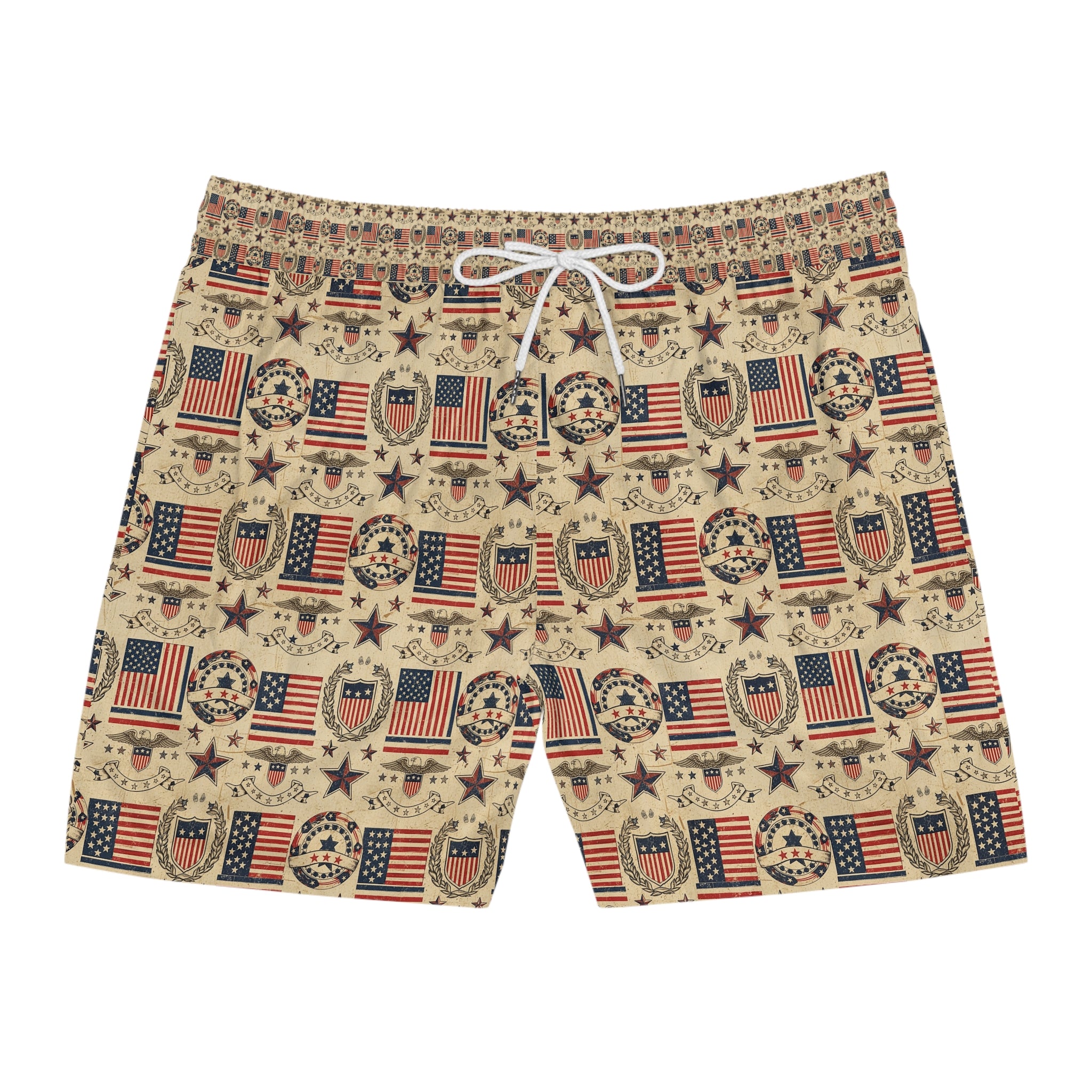 Patriotic Vintage Flag Swim Trunks — Men's Mid-Length American Beach Shorts
