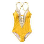CUPSHE Lace Splicing Back Hook Closure One-piece Swimsuit Women Vintage V-neck Backless Monokini Sexy Bathing Suit Swimwear