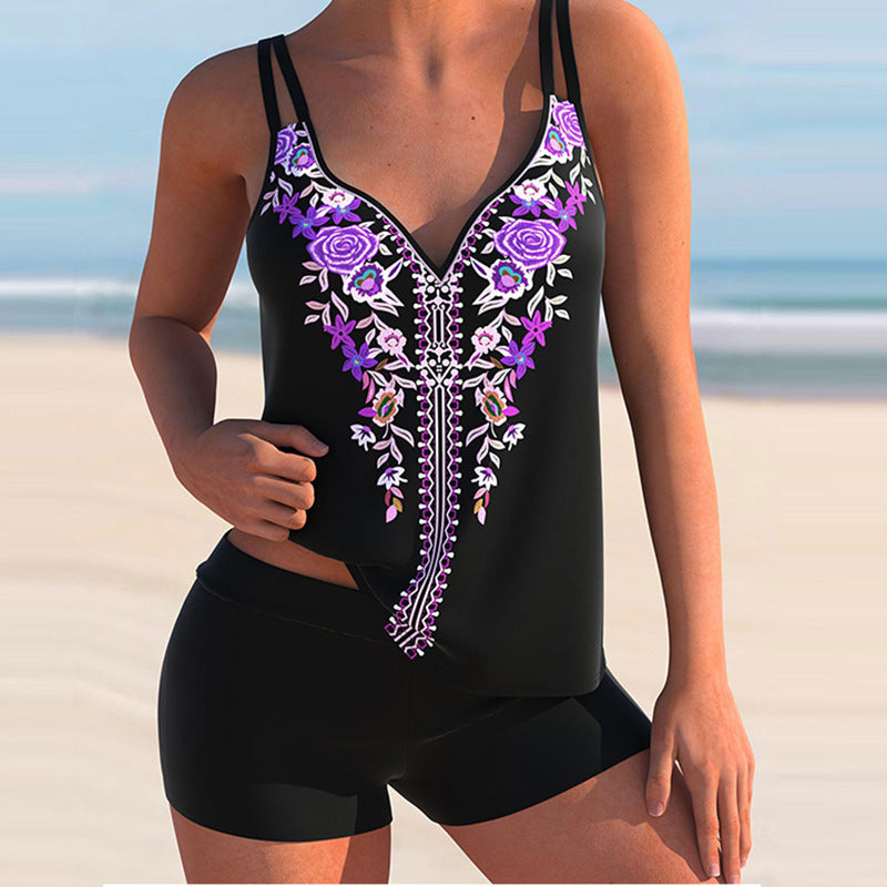 Plus Size Women's Boy Short Brocade Printed Swimwear