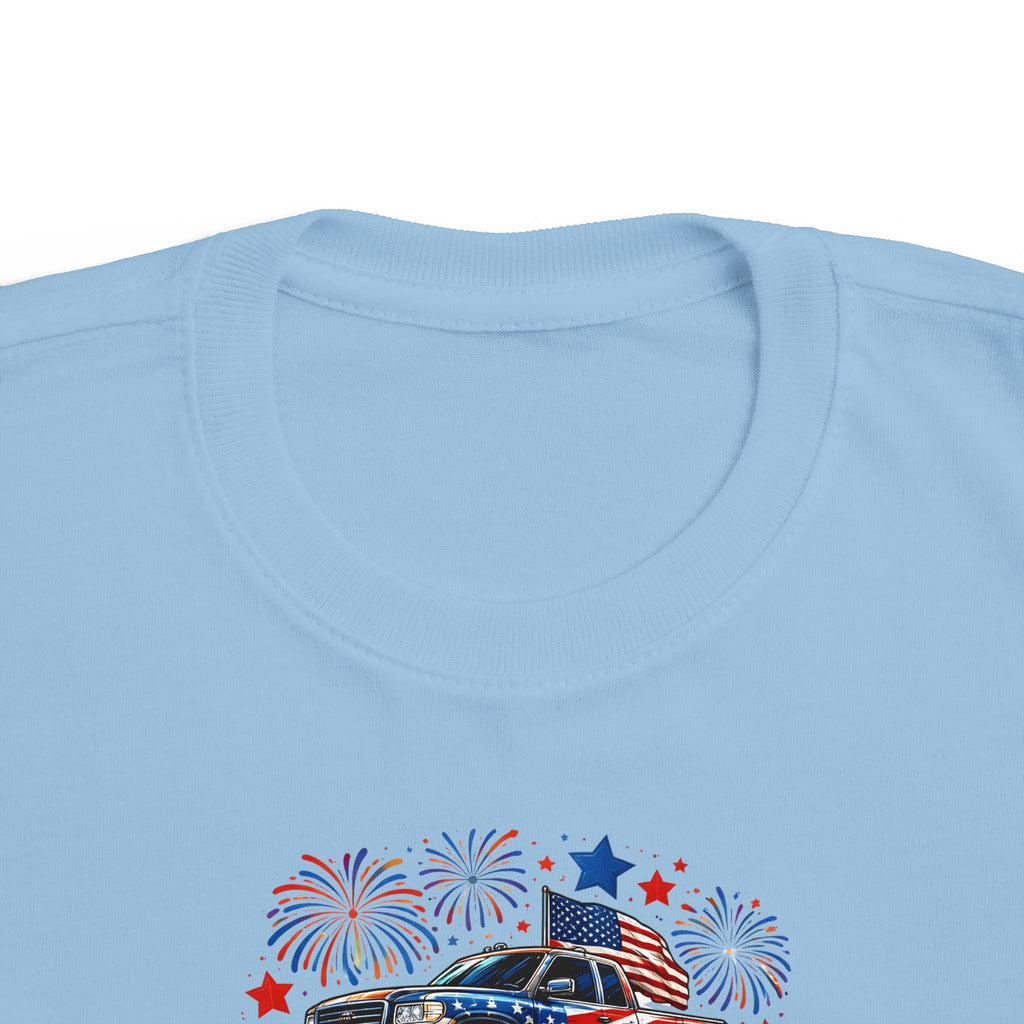 4th of July Monster Truck Toddler Tee — Patriotic Fireworks Kids Shirt