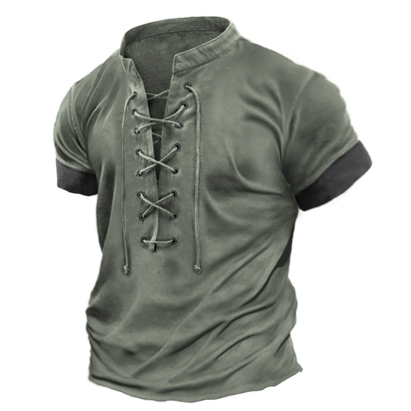 Retro V-Neck Tied Casual Short Sleeve T-Shirt for Men Plus Size Summer and Spring