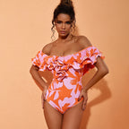 New Off Shoulder Ruffle Printed One Piece Swimsuit and Skirt Summer Swimwear Women Beachwear Bathing Suit