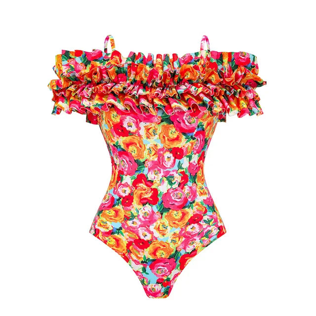 Vintage Off Shoulder Printed Onepiece Swimsuit With Matching Sarong
