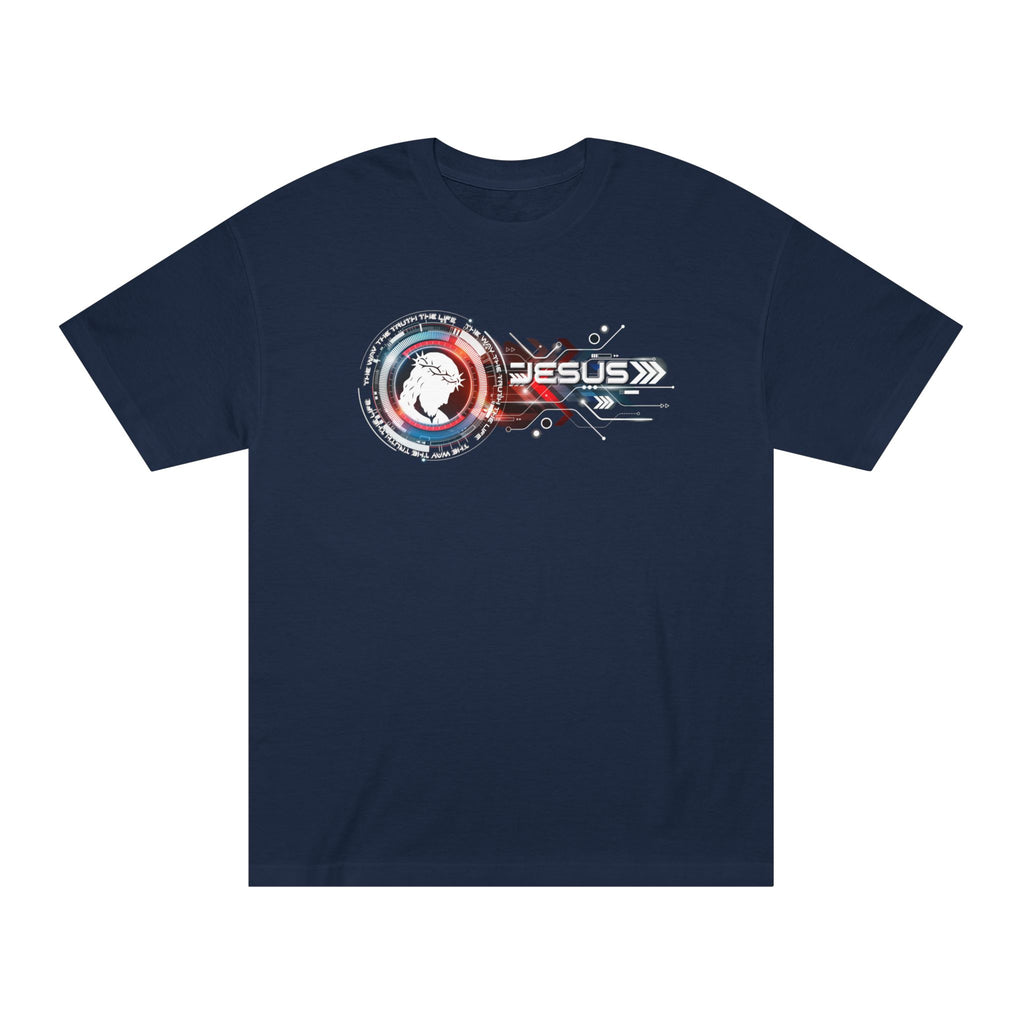Mens Jesus Space Logo Original Art Tee — Retro Sci‑Fi Christian Graphic T‑Shirt