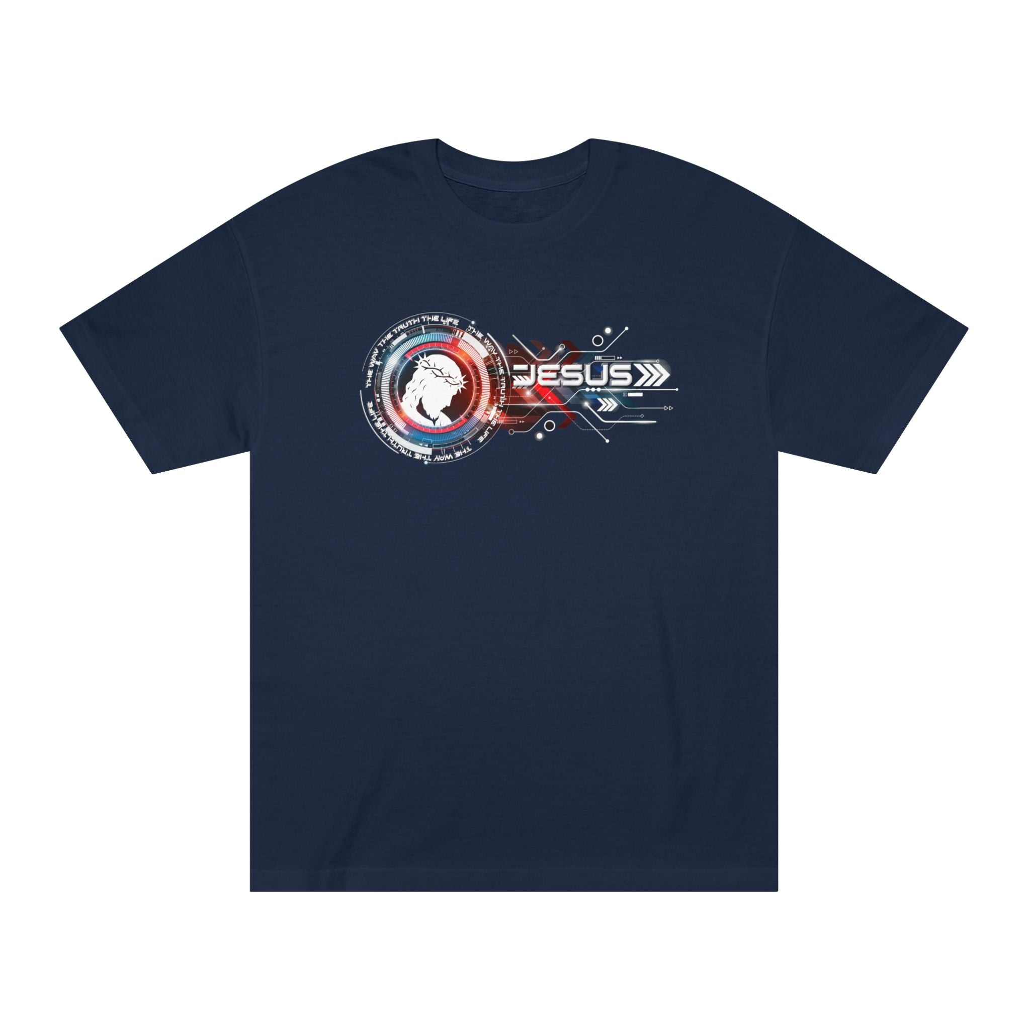 Mens Jesus Space Logo Original Art Tee — Retro Sci‑Fi Christian Graphic T‑Shirt