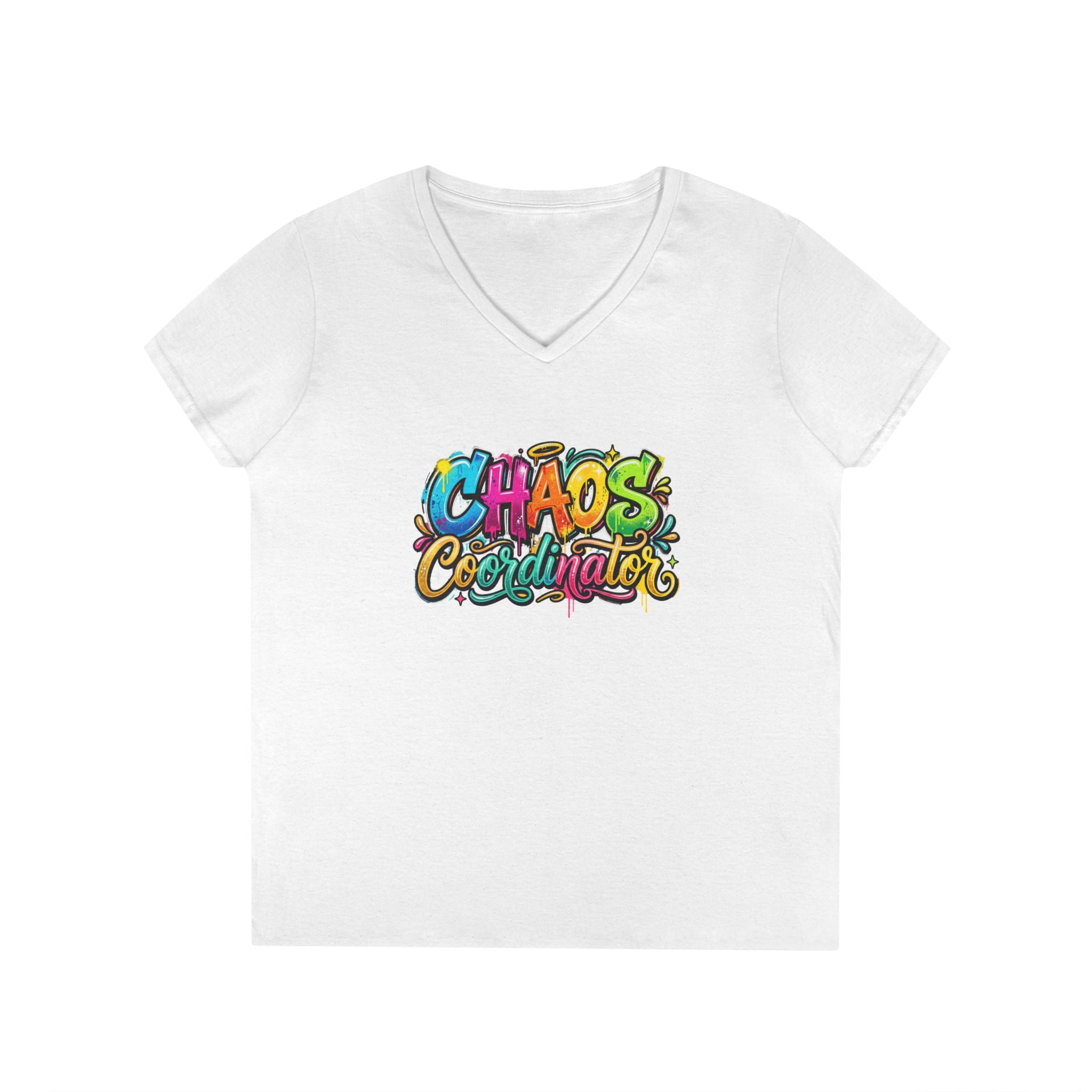 Chaos Coordinator V-Neck T-Shirt — Colorful Graphic Tee for Moms & Teachers