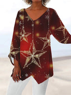 Style Plus Size Women's Summer Casual Loose Irregular Print Long Sleeve V-Neck Top