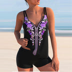 Plus Size Women's Boy Short Brocade Printed Swimwear