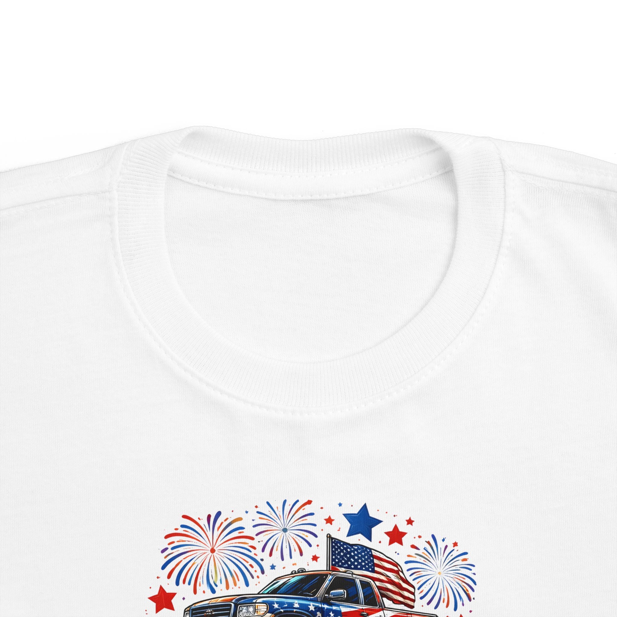 4th of July Monster Truck Toddler Tee — Patriotic Fireworks Kids Shirt