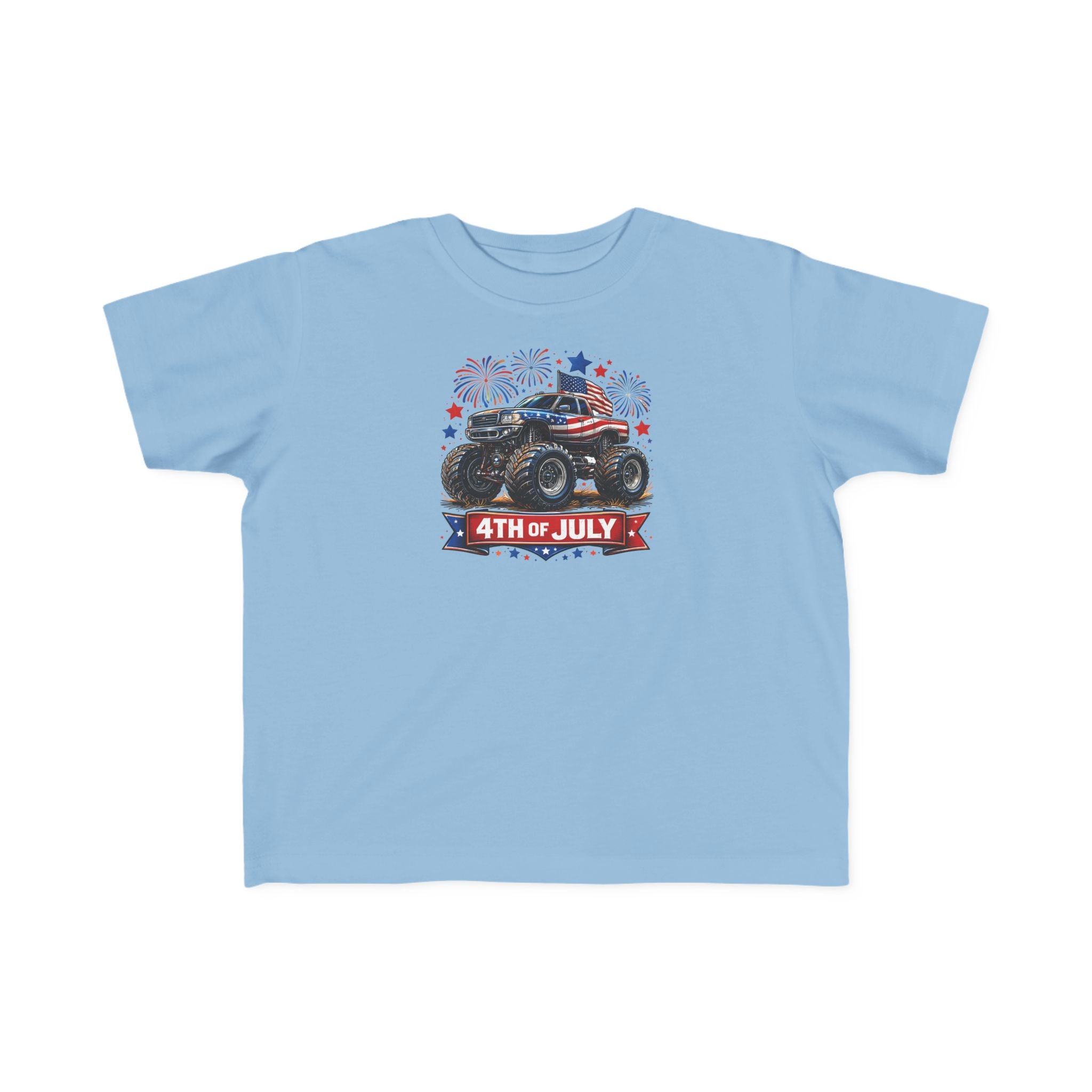 4th of July Monster Truck Toddler Tee — Patriotic Fireworks Kids Shirt