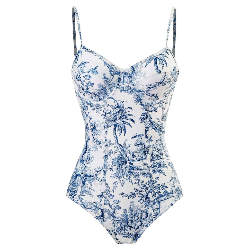Blue and White Elegant Printed Swimsuit With Micro Monokini Wrap