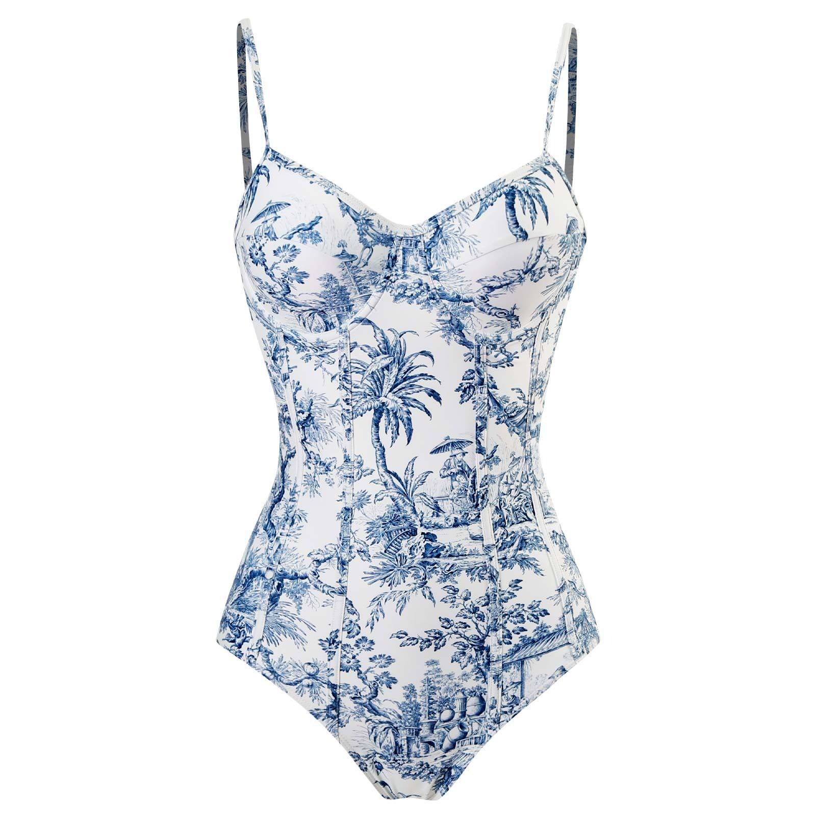Blue and White Elegant Printed Swimsuit With Micro Monokini Wrap