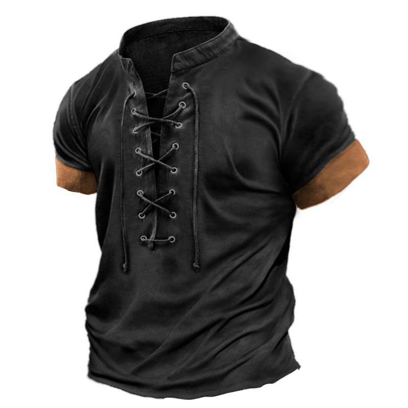 Retro V-Neck Tied Casual Short Sleeve T-Shirt for Men Plus Size Summer and Spring