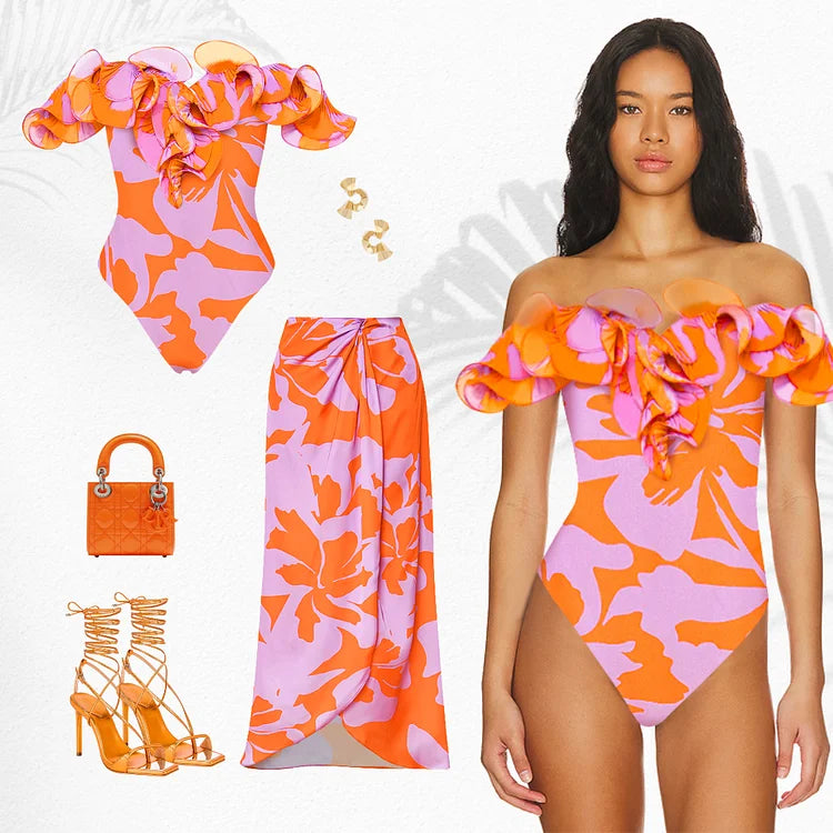 New Off Shoulder Ruffle Printed One Piece Swimsuit and Skirt Summer Swimwear Women Beachwear Bathing Suit