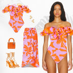 New Off Shoulder Ruffle Printed One Piece Swimsuit and Skirt Summer Swimwear Women Beachwear Bathing Suit
