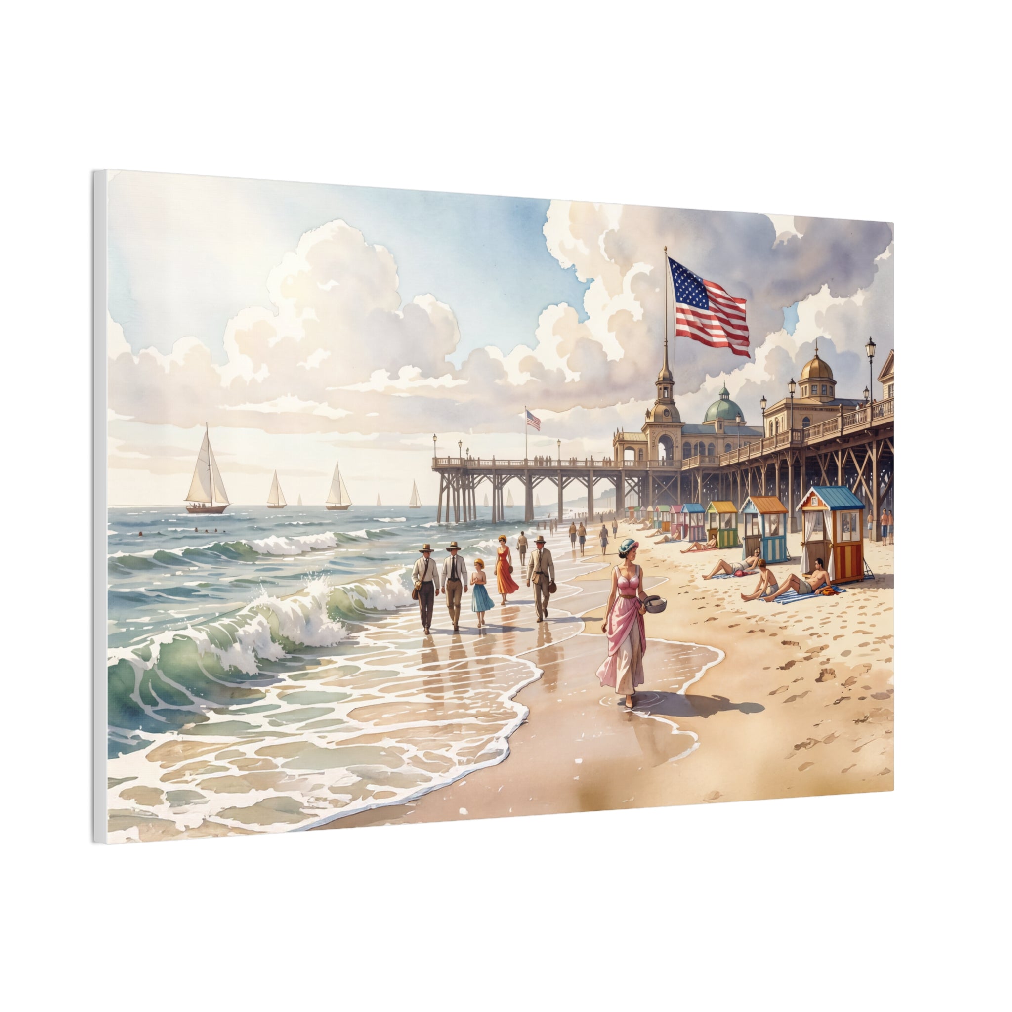 Beach Pier Canvas Print – Vintage 1906 Seaside Scene with American Flag