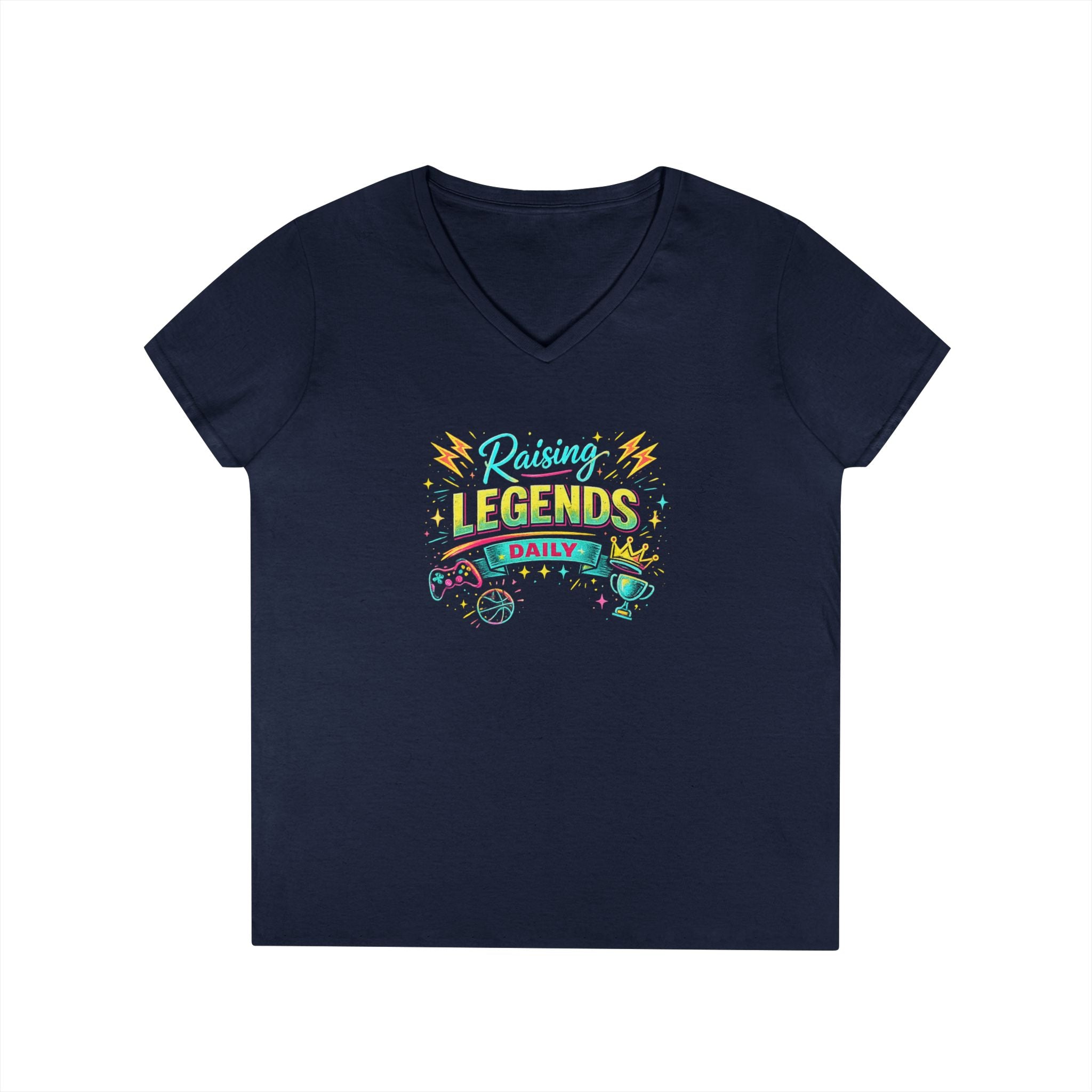 Ladies' V-Neck T-Shirt — “Raising Legends Daily” Mom Graphic Tee