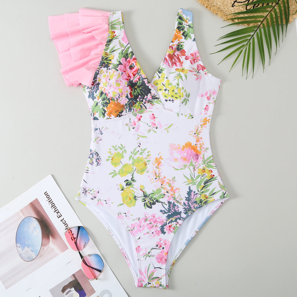Pink Sexy One Piece Swimsuit Skirt Summer Women Backless Print Swimwear Beachwear Dress Cover Up Monokini Bath Suit