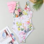 Pink Sexy One Piece Swimsuit Skirt Summer Women Backless Print Swimwear Beachwear Dress Cover Up Monokini Bath Suit
