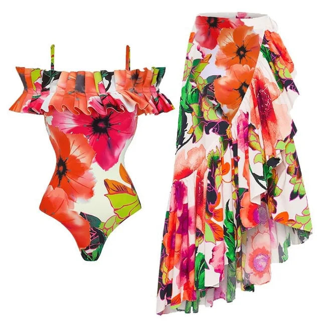 One Piece Bold Floral Swimsuit With Matching Sarong
